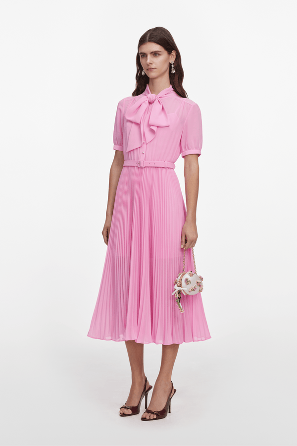 Pink Georgette Tie Midi Dress - ALBOUSHIYA - district 5 - dubai - riyadh - abaya - dresses - designers - evening wear - luxury - elegance - craftsmanship - gowns - cocktail dresses - collections - georges