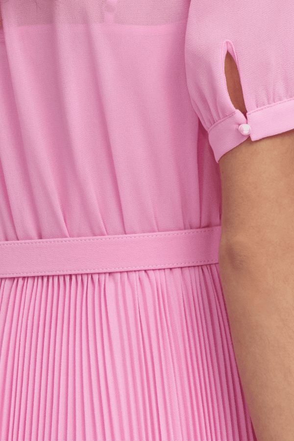 Pink Georgette Tie Midi Dress - ALBOUSHIYA - district 5 - dubai - riyadh - abaya - dresses - designers - evening wear - luxury - elegance - craftsmanship - gowns - cocktail dresses - collections - georges