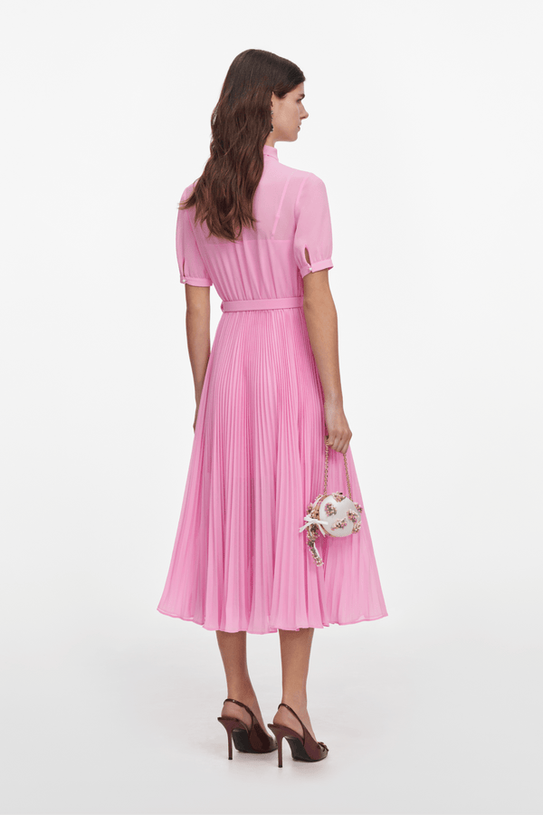 Pink Georgette Tie Midi Dress - ALBOUSHIYA - district 5 - dubai - riyadh - abaya - dresses - designers - evening wear - luxury - elegance - craftsmanship - gowns - cocktail dresses - collections - georges