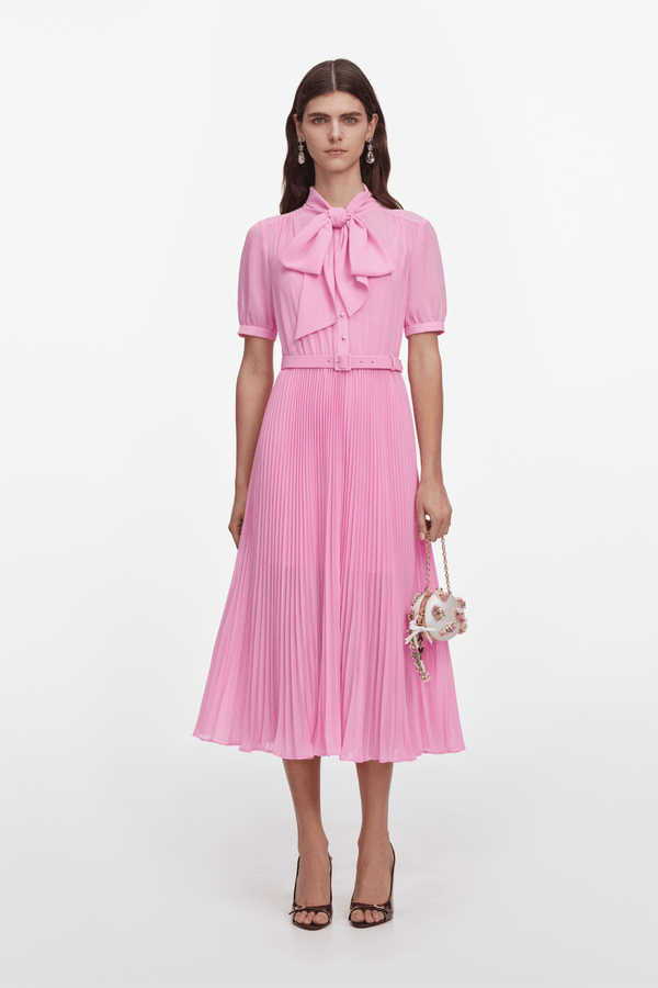 Pink Georgette Tie Midi Dress - ALBOUSHIYA - district 5 - dubai - riyadh - abaya - dresses - designers - evening wear - luxury - elegance - craftsmanship - gowns - cocktail dresses - collections - georges