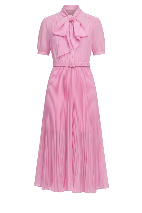 Pink Georgette Tie Midi Dress - ALBOUSHIYA - district 5 - dubai - riyadh - abaya - dresses - designers - evening wear - luxury - elegance - craftsmanship - gowns - cocktail dresses - collections - georges