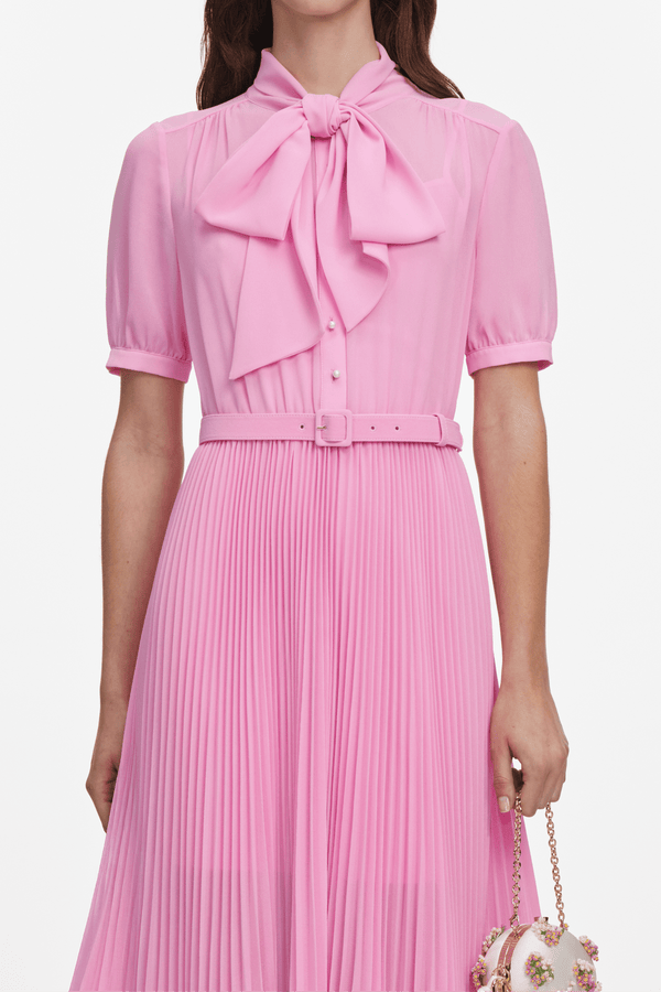 Pink Georgette Tie Midi Dress - ALBOUSHIYA - district 5 - dubai - riyadh - abaya - dresses - designers - evening wear - luxury - elegance - craftsmanship - gowns - cocktail dresses - collections - georges