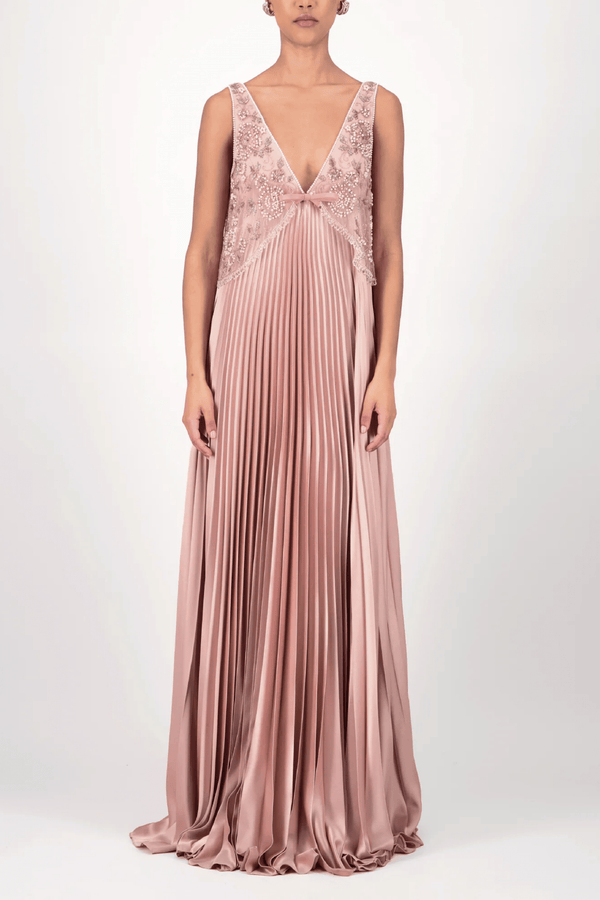 Pleated Embellished Long Dress - ALBOUSHIYA - district 5 - dubai - riyadh - abaya - dresses - designers - evening wear - luxury - elegance - craftsmanship - gowns - cocktail dresses - collections - georges