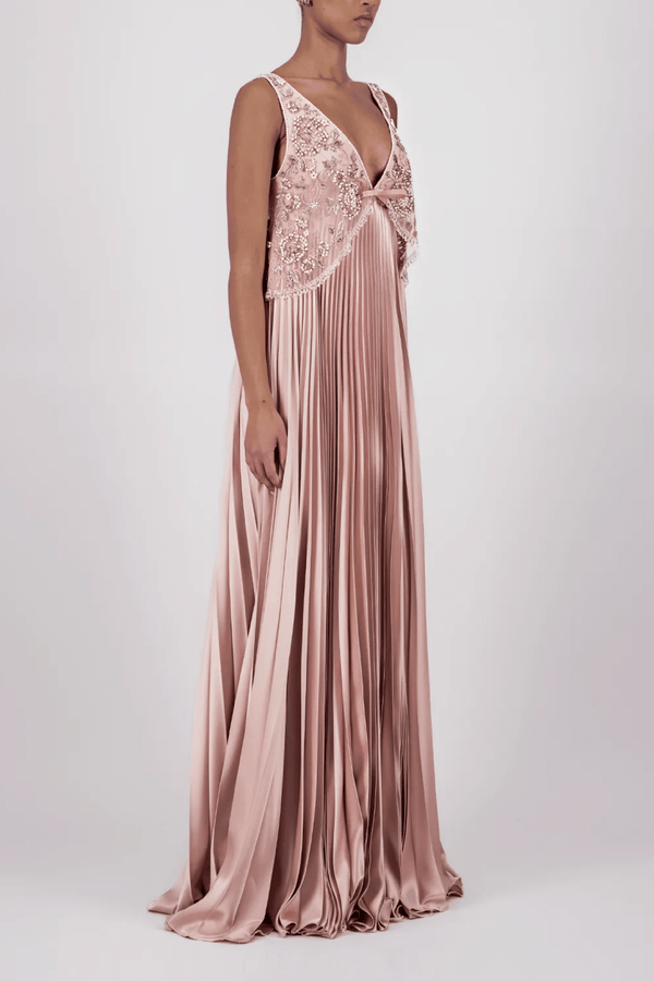 Pleated Embellished Long Dress - ALBOUSHIYA - district 5 - dubai - riyadh - abaya - dresses - designers - evening wear - luxury - elegance - craftsmanship - gowns - cocktail dresses - collections - georges
