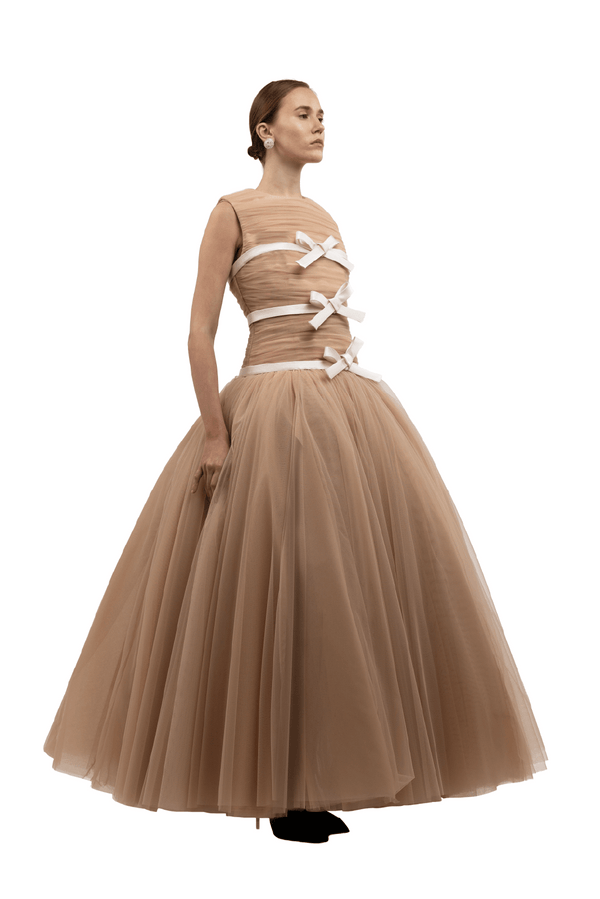 Pleated Tulle Ball Gown with Satin Bow Embellishments in Caramel - ALBOUSHIYA - district 5 - dubai - riyadh - abaya - dresses - designers - evening wear - luxury - elegance - craftsmanship - gowns - cocktail dresses - collections - georges