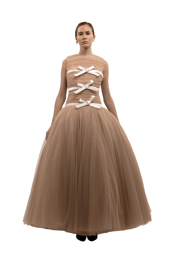 Pleated Tulle Ball Gown with Satin Bow Embellishments in Caramel - ALBOUSHIYA - district 5 - dubai - riyadh - abaya - dresses - designers - evening wear - luxury - elegance - craftsmanship - gowns - cocktail dresses - collections - georges