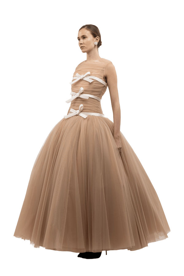 Pleated Tulle Ball Gown with Satin Bow Embellishments in Caramel - ALBOUSHIYA - district 5 - dubai - riyadh - abaya - dresses - designers - evening wear - luxury - elegance - craftsmanship - gowns - cocktail dresses - collections - georges