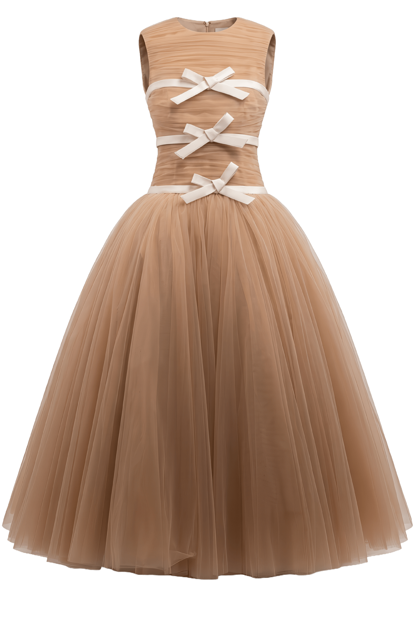 Pleated Tulle Ball Gown with Satin Bow Embellishments in Caramel - ALBOUSHIYA - district 5 - dubai - riyadh - abaya - dresses - designers - evening wear - luxury - elegance - craftsmanship - gowns - cocktail dresses - collections - georges