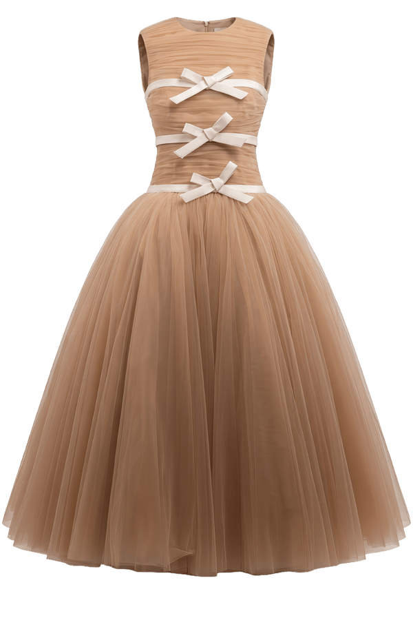 Pleated Tulle Ball Gown with Satin Bow Embellishments in Caramel - ALBOUSHIYA - district 5 - dubai - riyadh - abaya - dresses - designers - evening wear - luxury - elegance - craftsmanship - gowns - cocktail dresses - collections - georges
