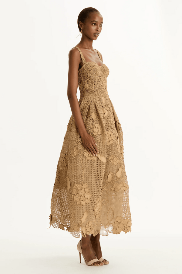 Porcelain Flower Guipure Lattice Cocktail Dress - ALBOUSHIYA - district 5 - dubai - riyadh - abaya - dresses - designers - evening wear - luxury - elegance - craftsmanship - gowns - cocktail dresses - collections - georges