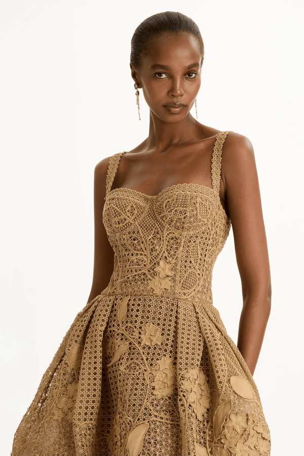 Porcelain Flower Guipure Lattice Cocktail Dress - ALBOUSHIYA - district 5 - dubai - riyadh - abaya - dresses - designers - evening wear - luxury - elegance - craftsmanship - gowns - cocktail dresses - collections - georges