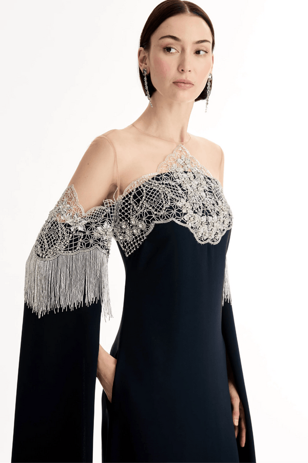 Porcelain Flower Lattice Fringe Caftan - ALBOUSHIYA - district 5 - dubai - riyadh - abaya - dresses - designers - evening wear - luxury - elegance - craftsmanship - gowns - cocktail dresses - collections - georges