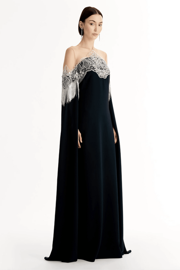 Porcelain Flower Lattice Fringe Caftan - ALBOUSHIYA - district 5 - dubai - riyadh - abaya - dresses - designers - evening wear - luxury - elegance - craftsmanship - gowns - cocktail dresses - collections - georges