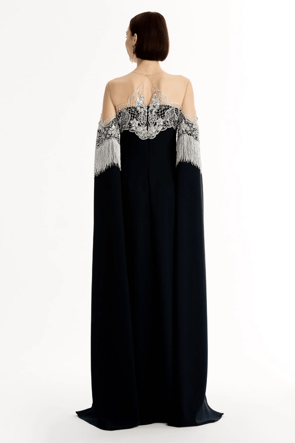 Porcelain Flower Lattice Fringe Caftan - ALBOUSHIYA - district 5 - dubai - riyadh - abaya - dresses - designers - evening wear - luxury - elegance - craftsmanship - gowns - cocktail dresses - collections - georges