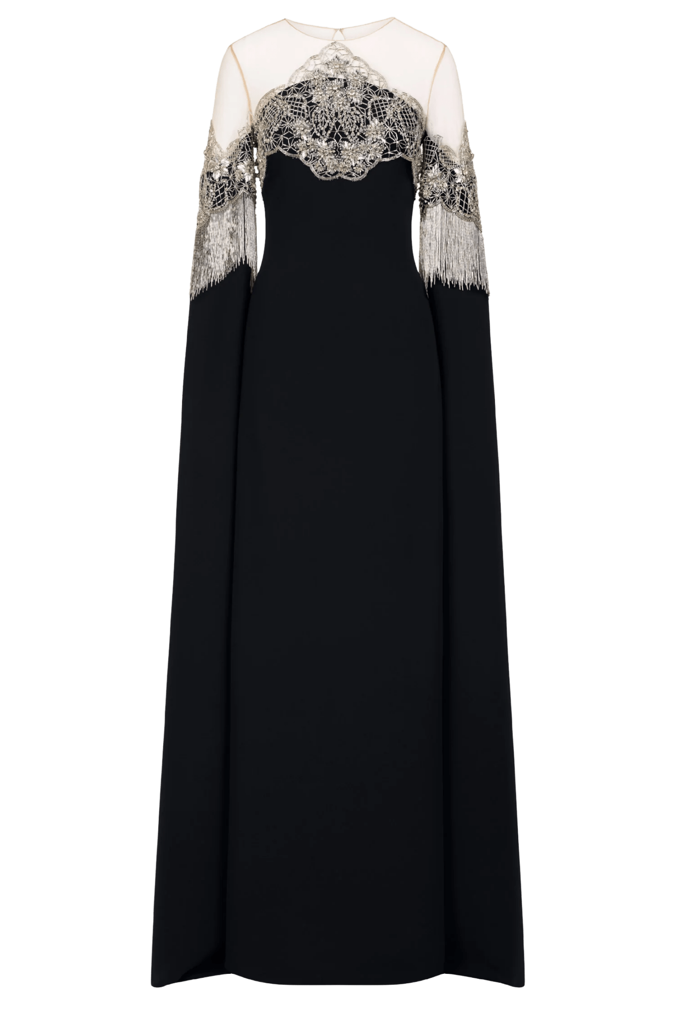 Porcelain Flower Lattice Fringe Caftan - ALBOUSHIYA - district 5 - dubai - riyadh - abaya - dresses - designers - evening wear - luxury - elegance - craftsmanship - gowns - cocktail dresses - collections - georges