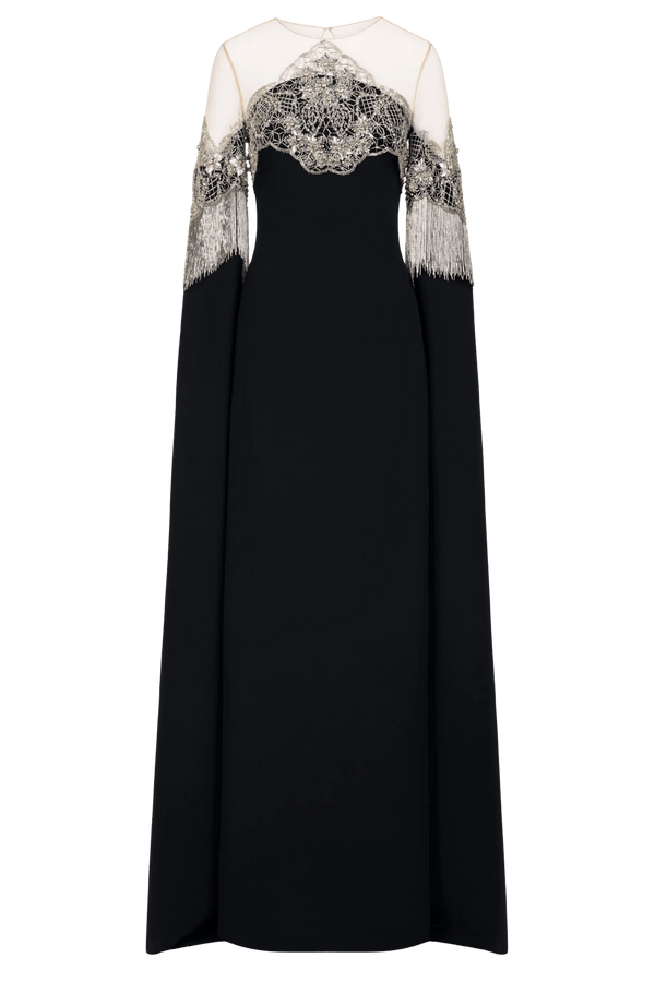 Porcelain Flower Lattice Fringe Caftan - ALBOUSHIYA - district 5 - dubai - riyadh - abaya - dresses - designers - evening wear - luxury - elegance - craftsmanship - gowns - cocktail dresses - collections - georges