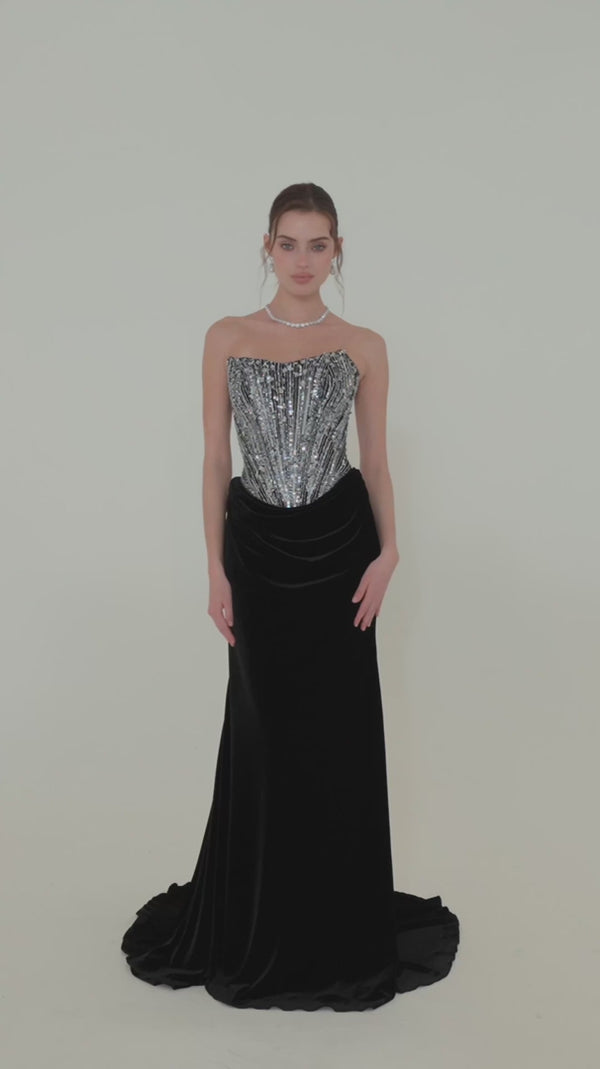 Strapless Velvet Dress with Beaded Bodice
