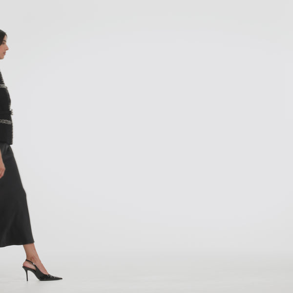 Black Boucle Crystal Trim Satin Midi Dress