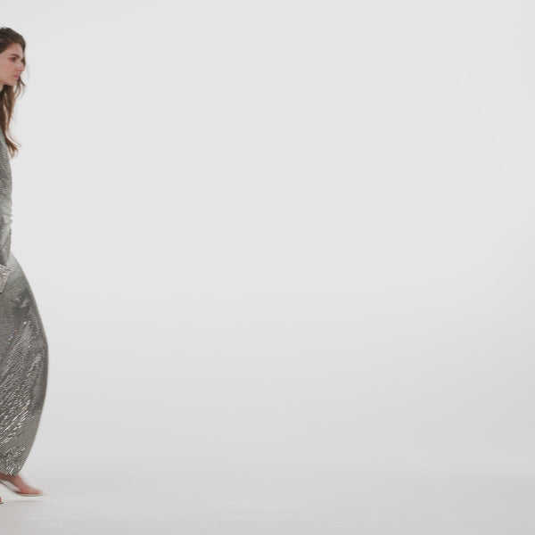 Grey Rhinestone Mesh Wrap Maxi Dress