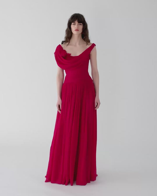 Draped Chiffon Gown with Floral Embellishment