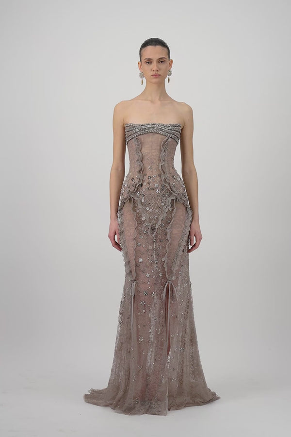Strapless Lace Crystal Long Dress