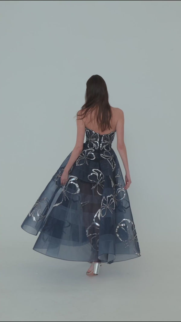 Strapless Midi Dress with Metallic Flower Detail