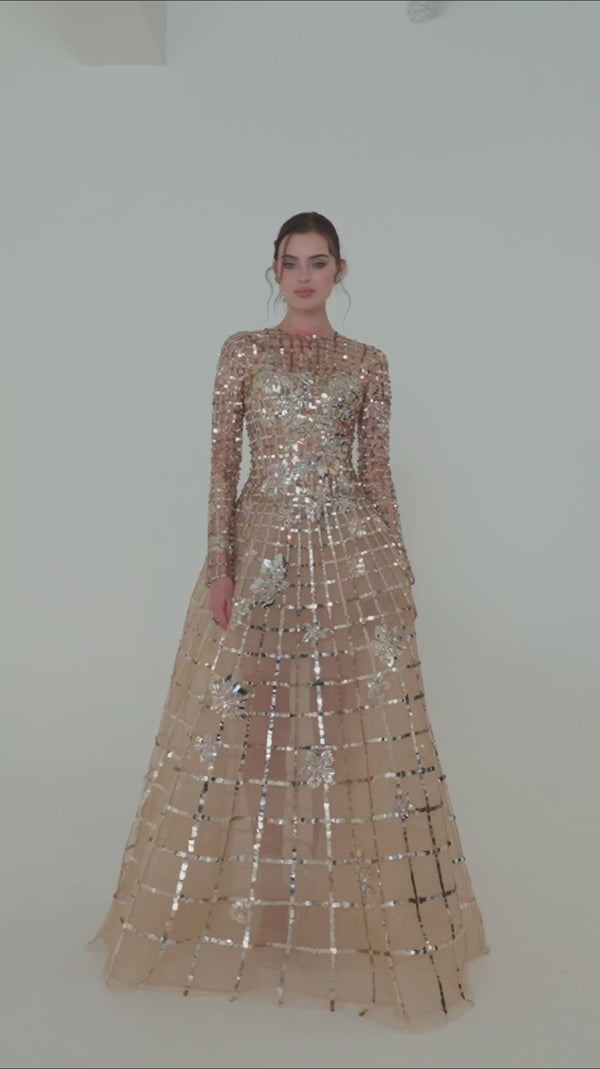 Long Sleeve Gown with Metallic Beading