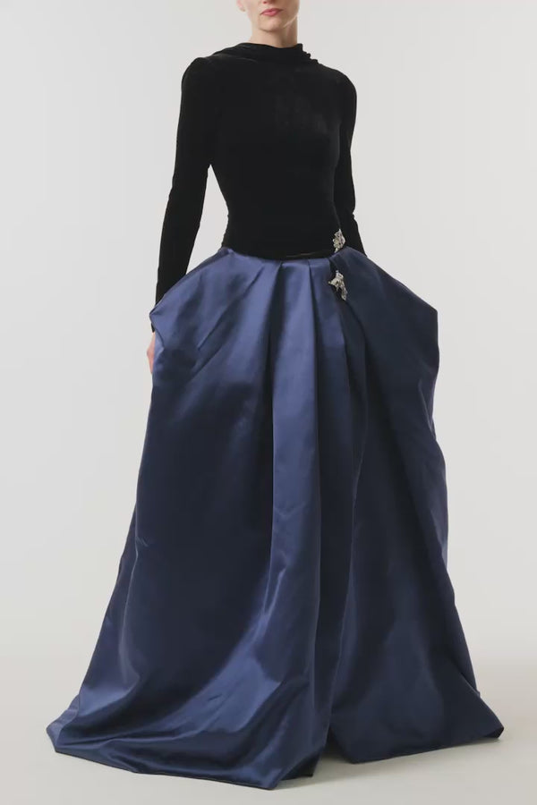 Velvet Duchesse Satin Drop Waist Gown with Open Cowl Back