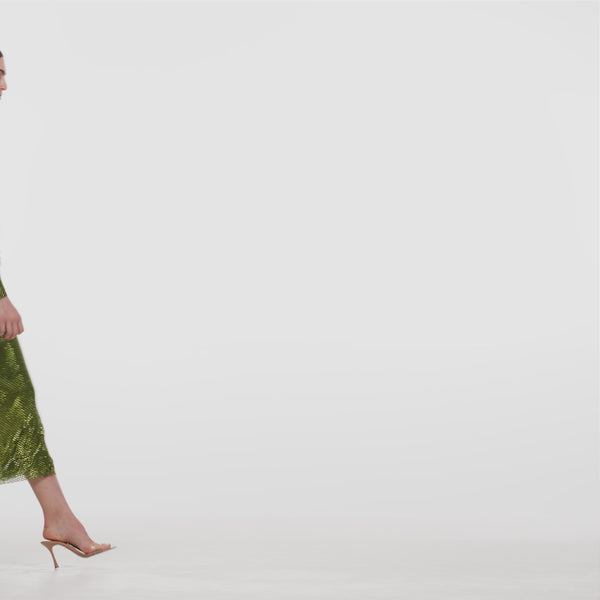 Olive Rhinestone Mesh Wrap Midi Dress