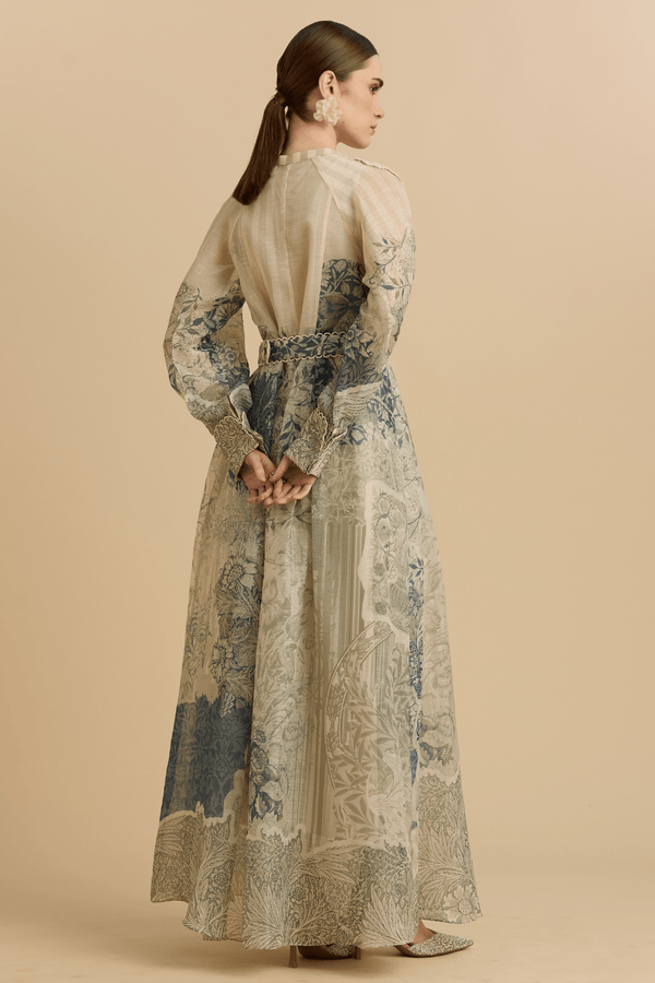 Printed Maxi Dress with Lace Detail & Belt - ALBOUSHIYA - district 5 - dubai - riyadh - abaya - dresses - designers - evening wear - luxury - elegance - craftsmanship - gowns - cocktail dresses - collections - georges