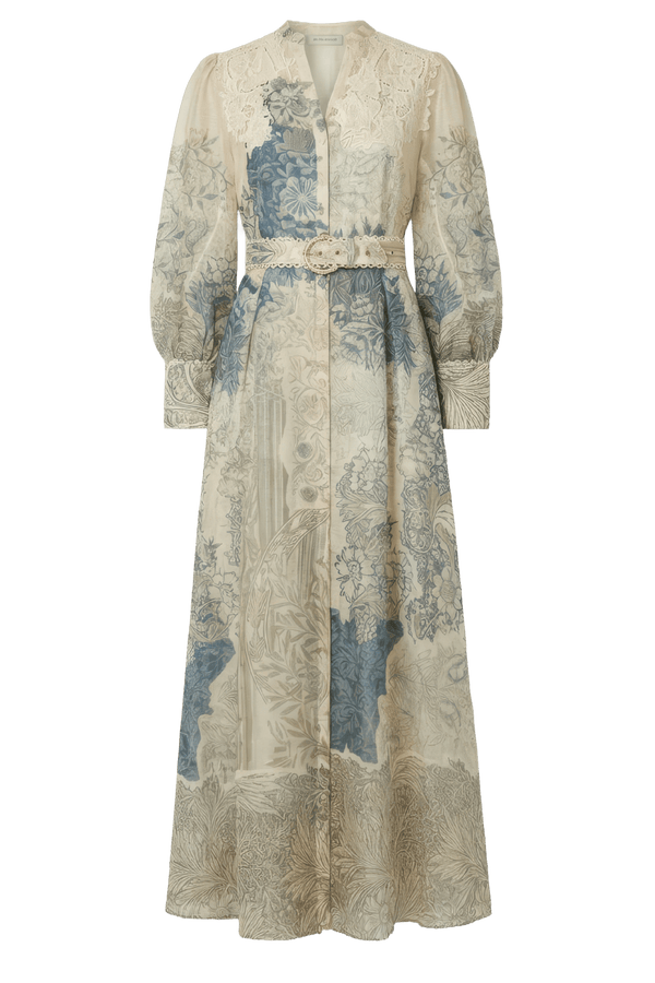 Printed Maxi Dress with Lace Detail & Belt - ALBOUSHIYA - district 5 - dubai - riyadh - abaya - dresses - designers - evening wear - luxury - elegance - craftsmanship - gowns - cocktail dresses - collections - georges
