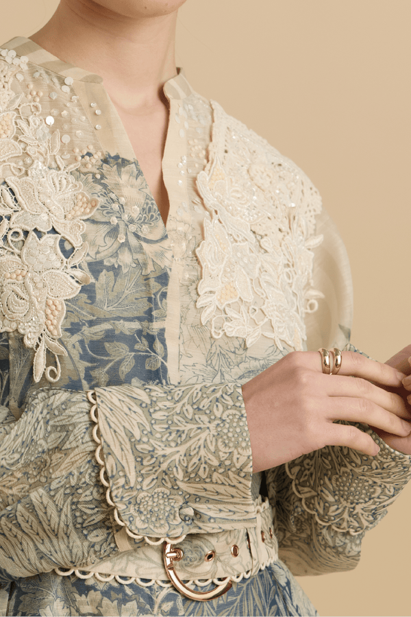 Printed Maxi Dress with Lace Detail & Belt - ALBOUSHIYA - district 5 - dubai - riyadh - abaya - dresses - designers - evening wear - luxury - elegance - craftsmanship - gowns - cocktail dresses - collections - georges