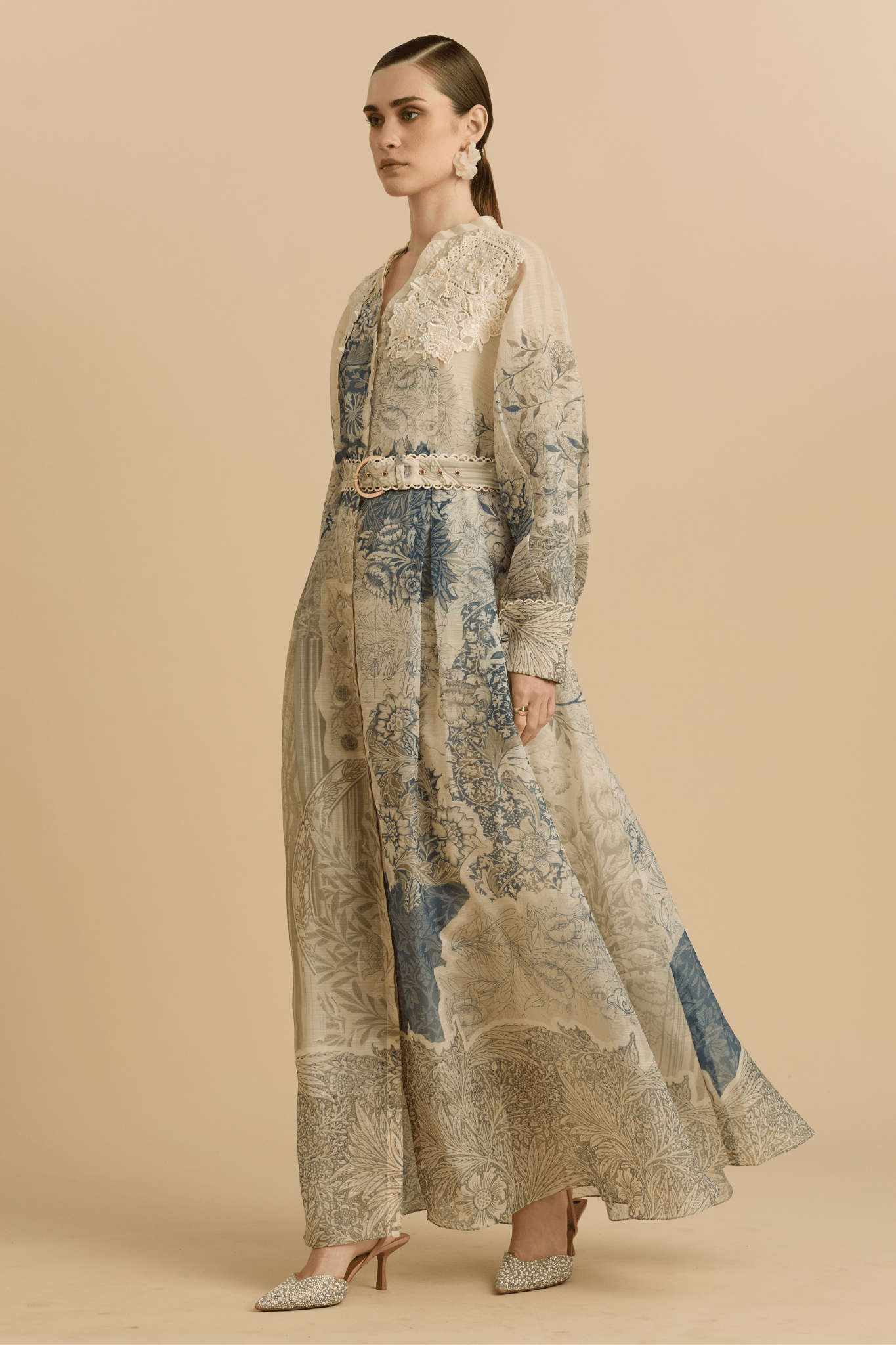 Printed Maxi Dress with Lace Detail & Belt - ALBOUSHIYA - district 5 - dubai - riyadh - abaya - dresses - designers - evening wear - luxury - elegance - craftsmanship - gowns - cocktail dresses - collections - georges