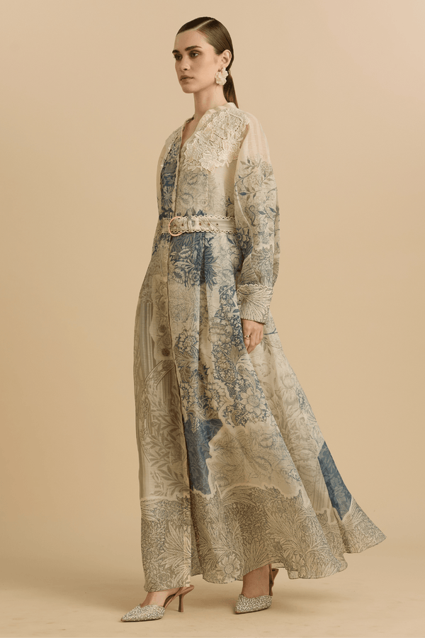 Printed Maxi Dress with Lace Detail & Belt - ALBOUSHIYA - district 5 - dubai - riyadh - abaya - dresses - designers - evening wear - luxury - elegance - craftsmanship - gowns - cocktail dresses - collections - georges