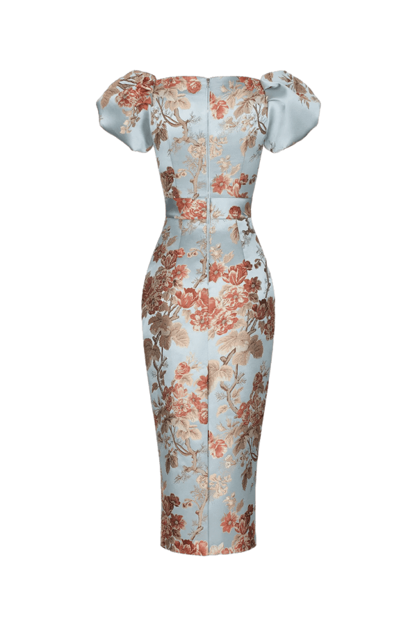 Puff Sleeve Floral Jacquard Midi - ALBOUSHIYA - district 5 - dubai - riyadh - abaya - dresses - designers - evening wear - luxury - elegance - craftsmanship - gowns - cocktail dresses - collections - georges