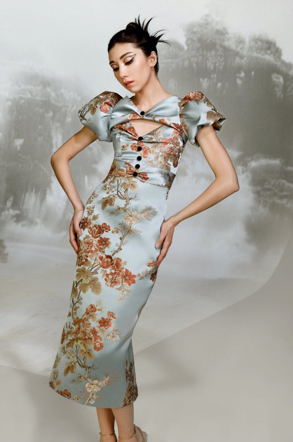 Puff Sleeve Floral Jacquard Midi - ALBOUSHIYA - district 5 - dubai - riyadh - abaya - dresses - designers - evening wear - luxury - elegance - craftsmanship - gowns - cocktail dresses - collections - georges