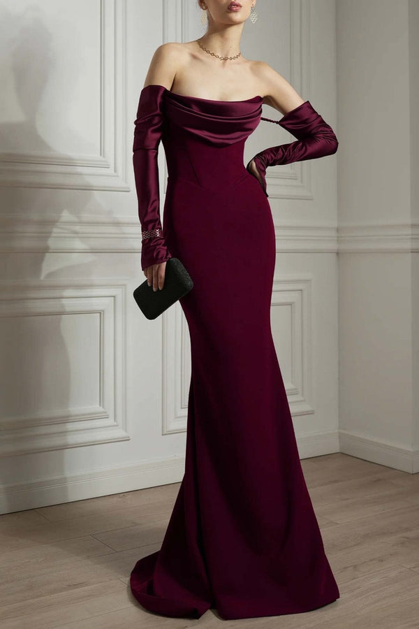 Raven Burgundy Crepe Long Dress - ALBOUSHIYA - district 5 - dubai - riyadh - abaya - dresses - designers - evening wear - luxury - elegance - craftsmanship - gowns - cocktail dresses - collections - georges