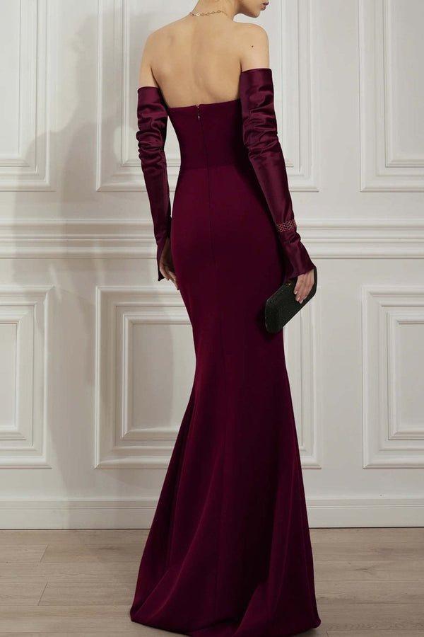Raven Burgundy Crepe Long Dress - ALBOUSHIYA - district 5 - dubai - riyadh - abaya - dresses - designers - evening wear - luxury - elegance - craftsmanship - gowns - cocktail dresses - collections - georges