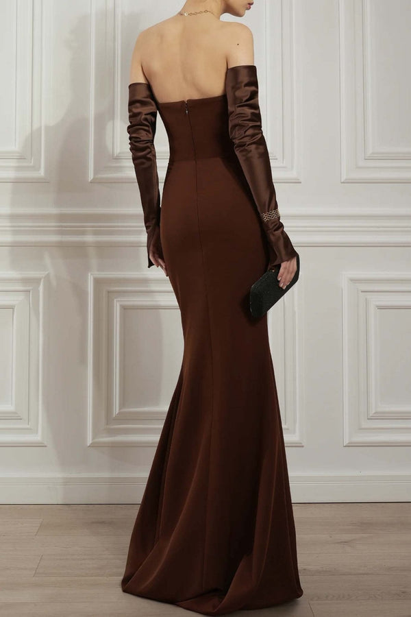 Raven Coffee Crepe Long Dress - ALBOUSHIYA - district 5 - dubai - riyadh - abaya - dresses - designers - evening wear - luxury - elegance - craftsmanship - gowns - cocktail dresses - collections - georges