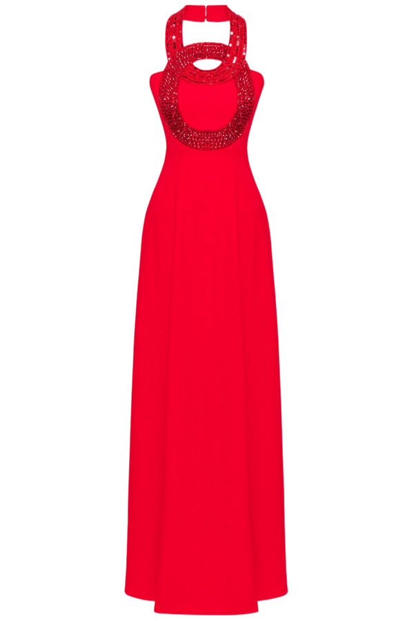 Red Crystals Neckline Flowing Gown - ALBOUSHIYA - district 5 - dubai - riyadh - abaya - dresses - designers - evening wear - luxury - elegance - craftsmanship - gowns - cocktail dresses - collections - georges