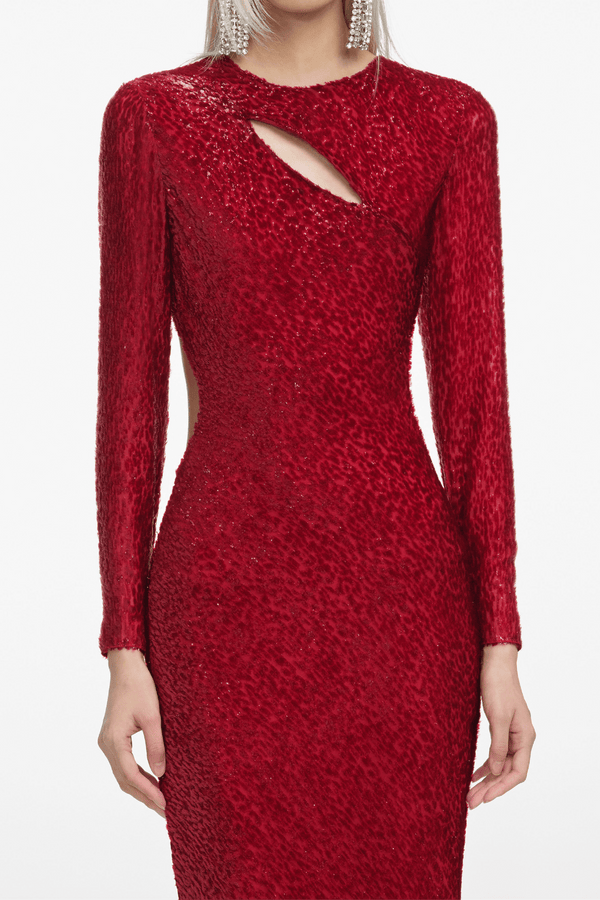 Red Fil Coupé Maxi Dress - ALBOUSHIYA - district 5 - dubai - riyadh - abaya - dresses - designers - evening wear - luxury - elegance - craftsmanship - gowns - cocktail dresses - collections - georges
