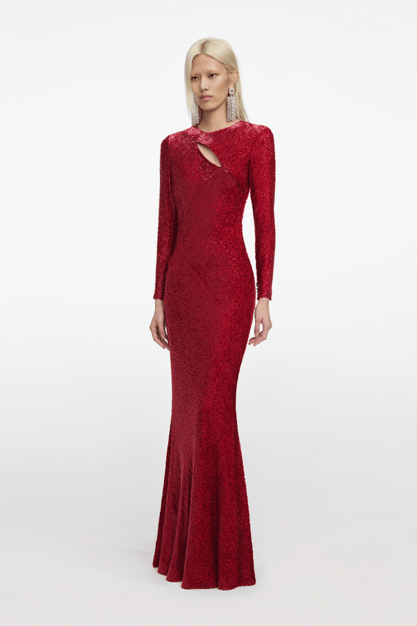 Red Fil Coupé Maxi Dress - ALBOUSHIYA - district 5 - dubai - riyadh - abaya - dresses - designers - evening wear - luxury - elegance - craftsmanship - gowns - cocktail dresses - collections - georges