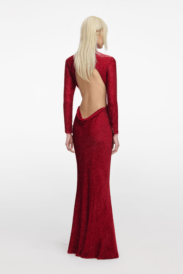 Red Fil Coupé Maxi Dress - ALBOUSHIYA - district 5 - dubai - riyadh - abaya - dresses - designers - evening wear - luxury - elegance - craftsmanship - gowns - cocktail dresses - collections - georges