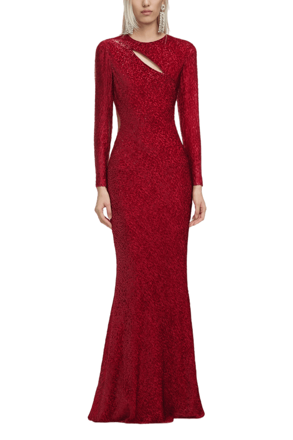 Red Fil Coupé Maxi Dress - ALBOUSHIYA - district 5 - dubai - riyadh - abaya - dresses - designers - evening wear - luxury - elegance - craftsmanship - gowns - cocktail dresses - collections - georges