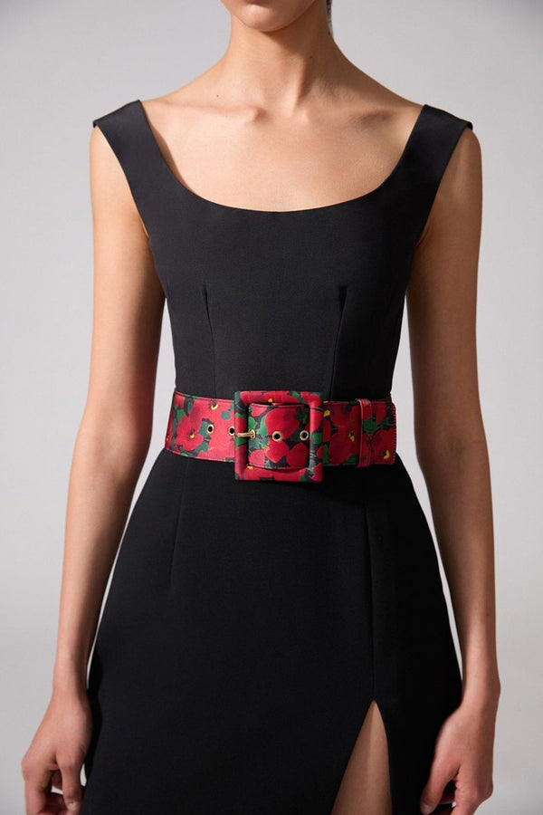 Red Floral - Print Icon Belt - ALBOUSHIYA - district 5 - dubai - riyadh - abaya - dresses - designers - evening wear - luxury - elegance - craftsmanship - gowns - cocktail dresses - collections - georges
