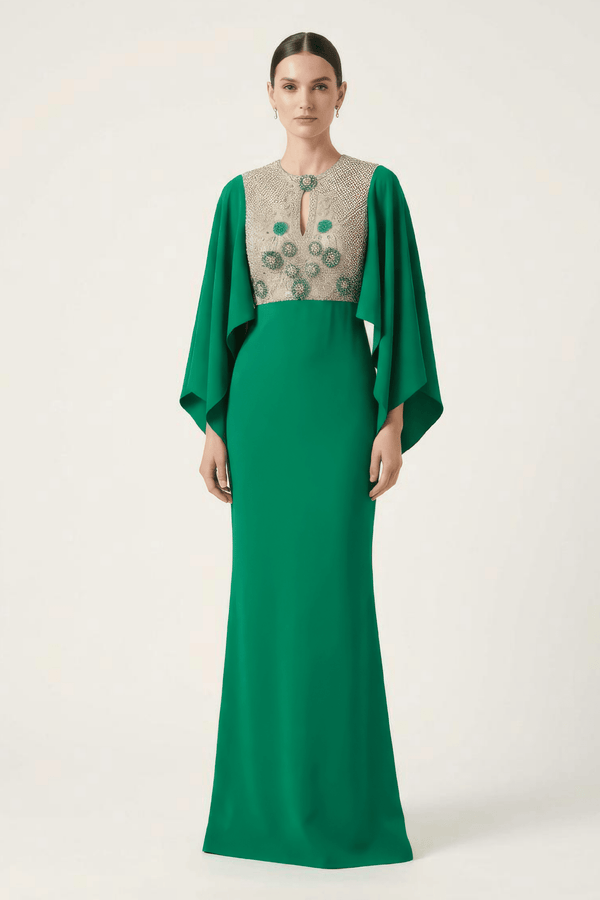 Reem Acra Beaded Crepe Gown with Cape Sleeves - ALBOUSHIYA - district 5 - dubai - riyadh - abaya - dresses - designers - evening wear - luxury - elegance - craftsmanship - gowns - cocktail dresses - collections - georges