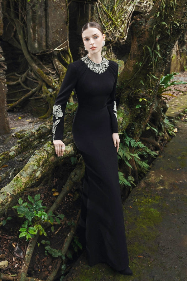 Round Neck Long Sleeve Embellished Dress - ALBOUSHIYA - district 5 - dubai - riyadh - abaya - dresses - designers - evening wear - luxury - elegance - craftsmanship - gowns - cocktail dresses - collections - georges