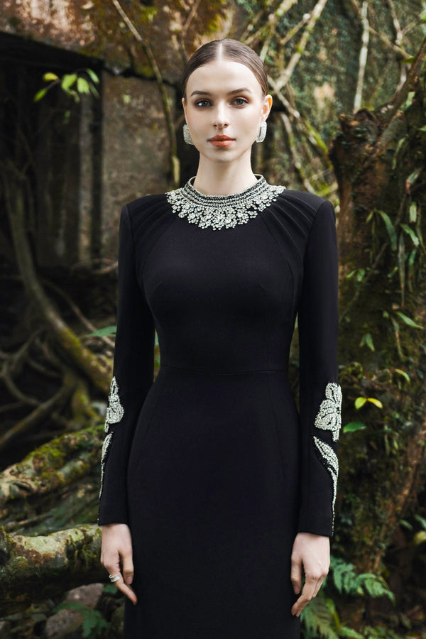 Round Neck Long Sleeve Embellished Dress - ALBOUSHIYA - district 5 - dubai - riyadh - abaya - dresses - designers - evening wear - luxury - elegance - craftsmanship - gowns - cocktail dresses - collections - georges