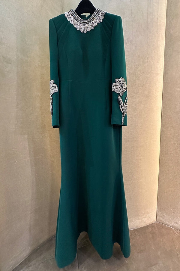 Round Neck Long Sleeve Embellished Dress - ALBOUSHIYA - district 5 - dubai - riyadh - abaya - dresses - designers - evening wear - luxury - elegance - craftsmanship - gowns - cocktail dresses - collections - georges
