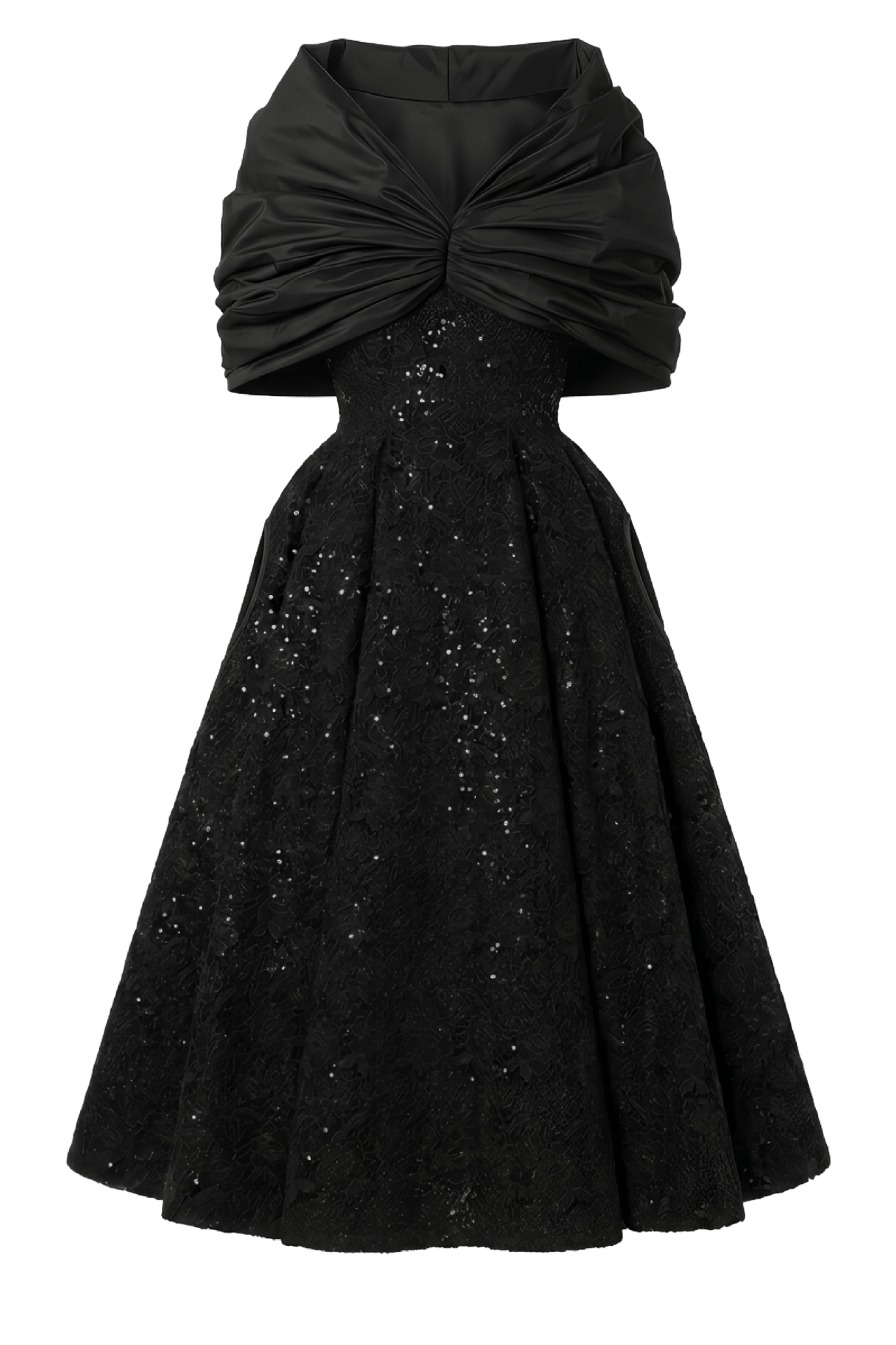 Runway Embellished Black Cocktail Dress with Draped Taffeta Cape - ALBOUSHIYA - district 5 - dubai - riyadh - abaya - dresses - designers - evening wear - luxury - elegance - craftsmanship - gowns - cocktail dresses - collections - georges